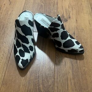 Steve Madden Black and White Cow-Print Pointed Mules